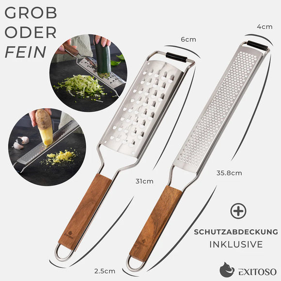 Exitoso Zester Reibe 2er Set Zitronen Raspel Parmesan Käse Hobel Edelstahl Holz