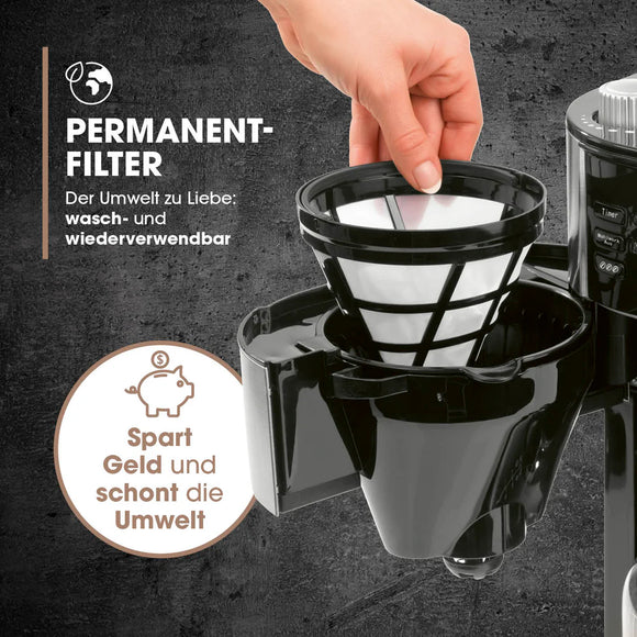 Barista Kaffeemaschine Mahlwerk 900W Edelstahl/Schwarz 12 Tassen Permanentfilter