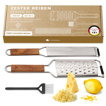 Exitoso Zester Reibe 2er Set Zitronen Raspel Parmesan Käse Hobel Edelstahl Holz