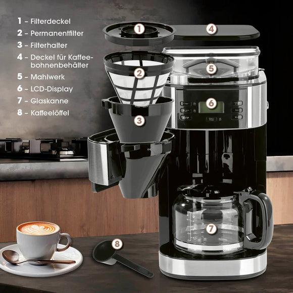 Barista Kaffeemaschine Mahlwerk 900W Edelstahl/Schwarz 12 Tassen Permanentfilter