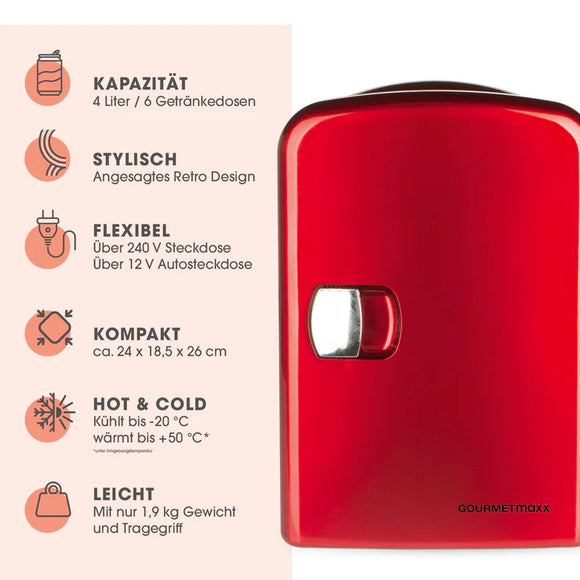GOURMETmaxx Retro Mini-Kühlschrank Kühlen & Wärmen 4L Kapazität 45W Rot