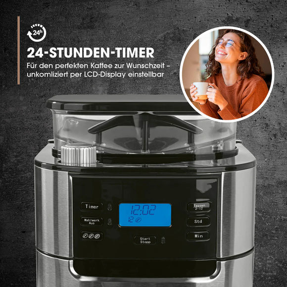 Barista Kaffeemaschine Mahlwerk 900W Edelstahl/Schwarz 12 Tassen Permanentfilter