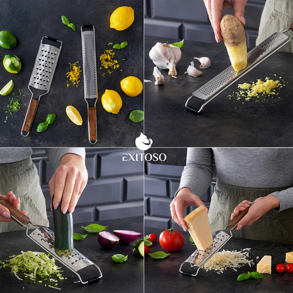 Exitoso Zester Reibe 2er Set Zitronen Raspel Parmesan Käse Hobel Edelstahl Holz