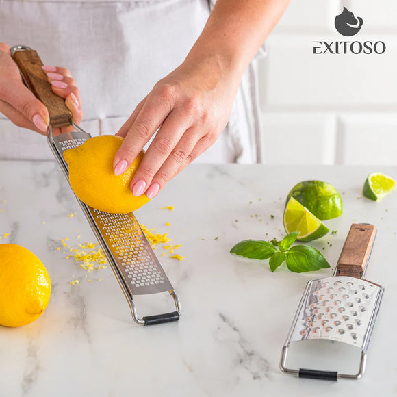 Exitoso Zester Reibe 2er Set Zitronen Raspel Parmesan Käse Hobel Edelstahl Holz