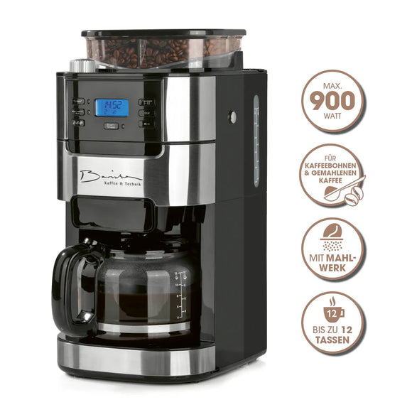 Barista Kaffeemaschine Mahlwerk 900W Edelstahl/Schwarz 12 Tassen Permanentfilter