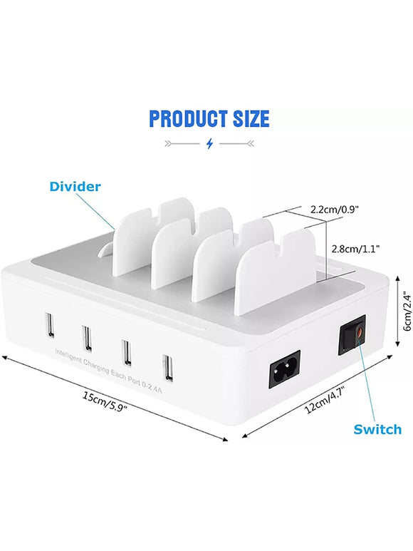 Multifunktionale USB-Ladestation mit 4 Ports und 4 Ladekabel für Handy Laptop