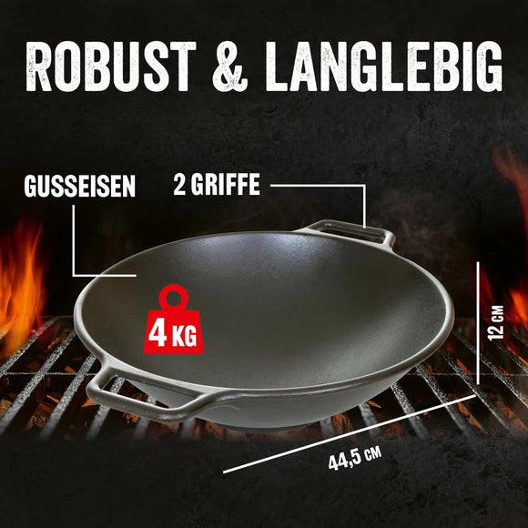 LANDMANN Hochwertiger Grillwok BBQ Gusseisen Grillrost abgeflachter Boden 44,5cm